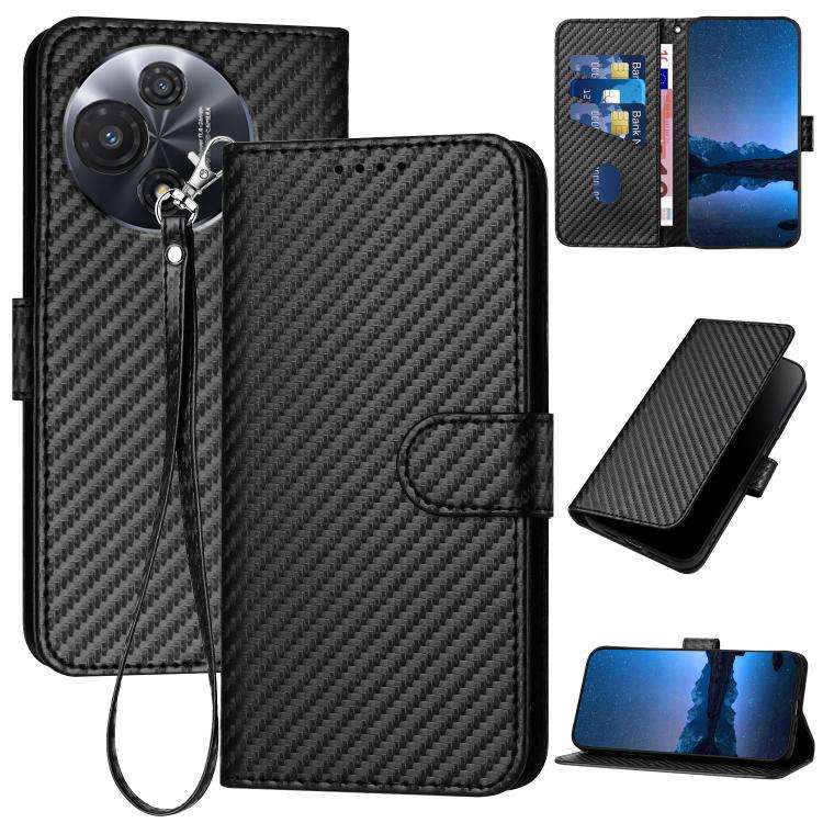 For TCL 60R 5G YX0070 Carbon Fiber Buckle Leather Phone Case with Lanyard(Black)