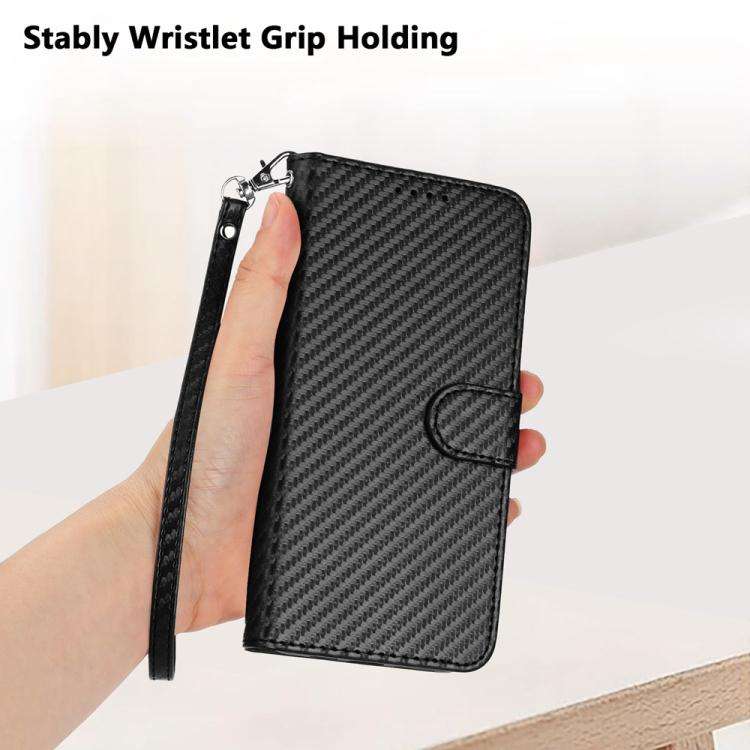 For TCL 60R 5G YX0070 Carbon Fiber Buckle Leather Phone Case with Lanyard(Black)
