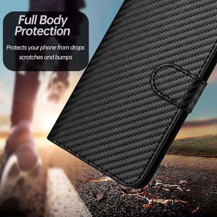 For TCL 60R 5G YX0070 Carbon Fiber Buckle Leather Phone Case with Lanyard(Black)
