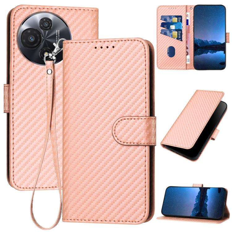 For TCL 60R 5G YX0070 Carbon Fiber Buckle Leather Phone Case with Lanyard(Pink)