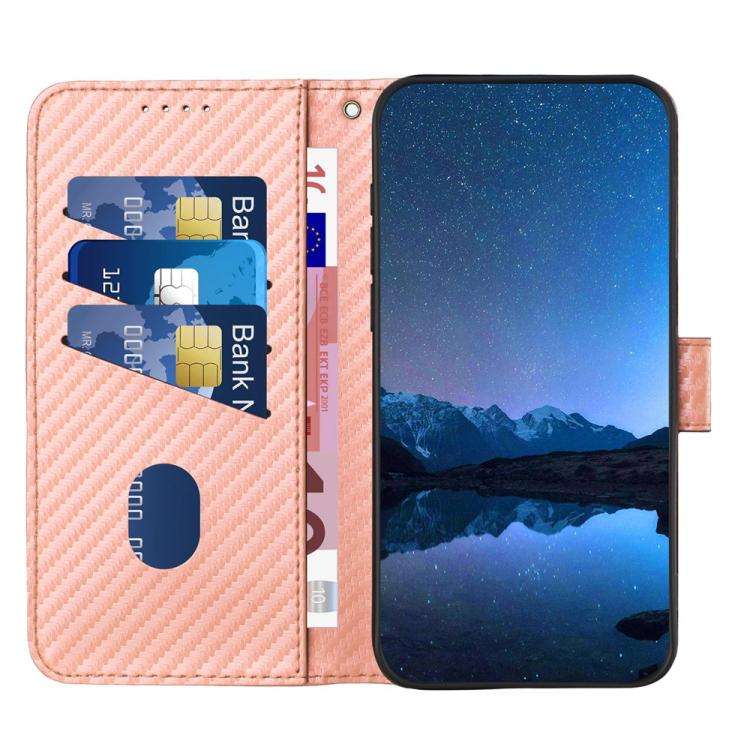 For TCL 60R 5G YX0070 Carbon Fiber Buckle Leather Phone Case with Lanyard(Pink)
