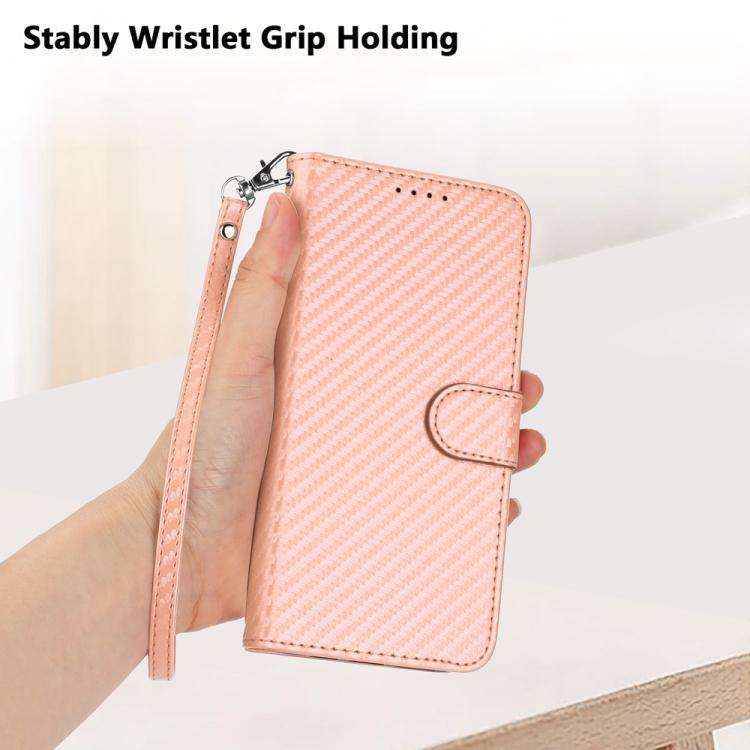 For TCL 60R 5G YX0070 Carbon Fiber Buckle Leather Phone Case with Lanyard(Pink)