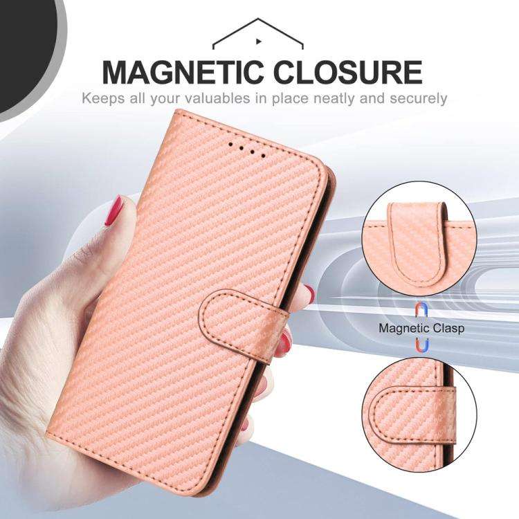 For TCL 60R 5G YX0070 Carbon Fiber Buckle Leather Phone Case with Lanyard(Pink)