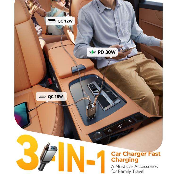 JOYROOM JR-CCL07 3 in 1 Retractable Car Charger(Dark Gray)