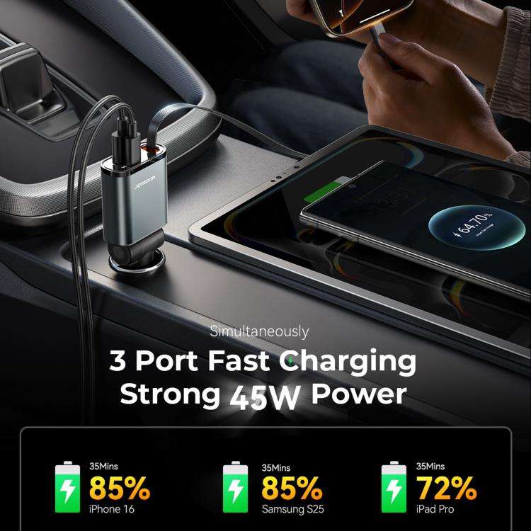 JOYROOM JR-CCL07 3 in 1 Retractable Car Charger(Dark Gray)