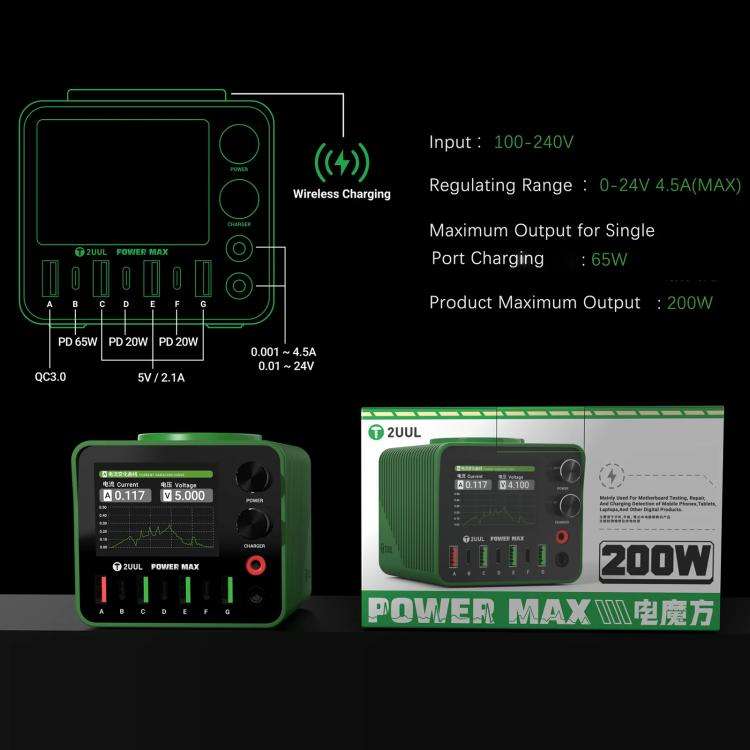 2UUL PC01 POWER MAX 200W Multi-Port Charger Adjustable Voltage Power Supply, Plug:EU Plug