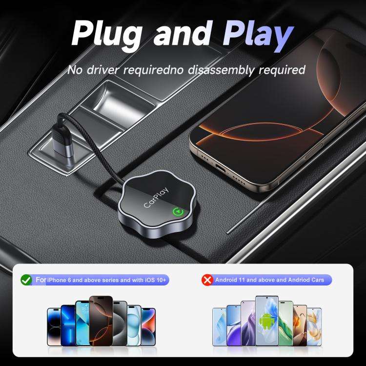 USB Wired to Wireless Car CarPlay Box Adapter, with Type-C Adapter(Black)