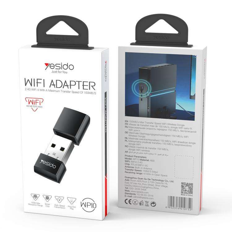 Yesido WP10 WiFi Wireless Dongle 150Mbps High Speed USB Wireless Adapter(Black)