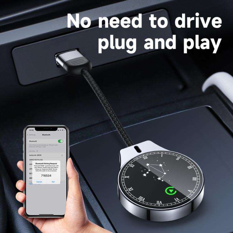 USB Wired to Wireless Car CarPlay Box Adapter, with Type-C Adapter(Black)
