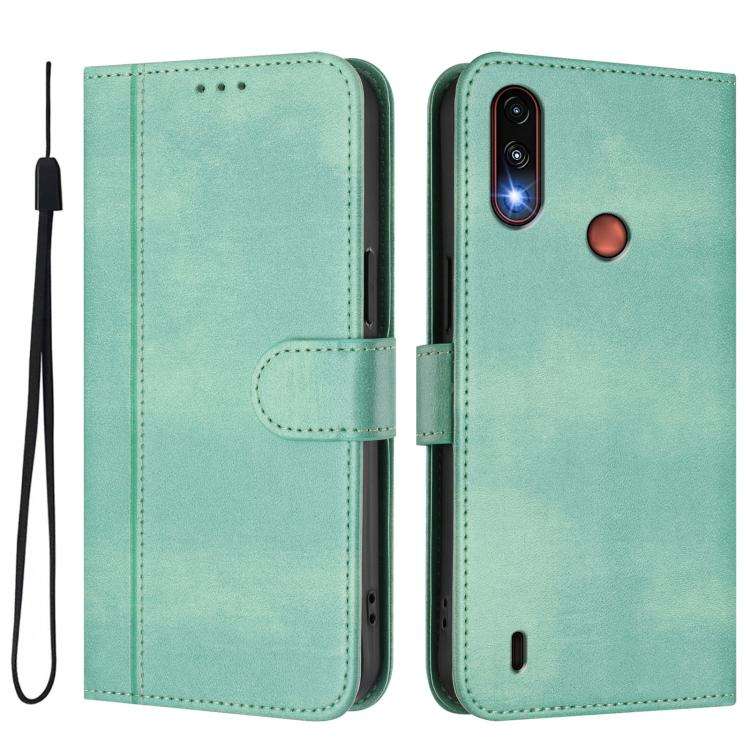 For Motorola Moto E7 Power 2021 Line Splicing Buckle Retro Leather Phone Case(Mint)