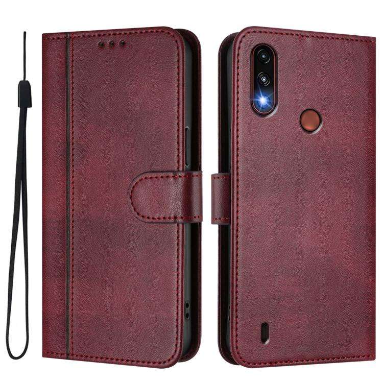 For Motorola Moto E7 Power 2021 Line Splicing Buckle Retro Leather Phone Case(Wine Red)