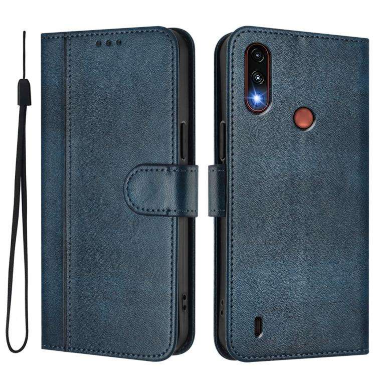 For Motorola Moto E7 Power 2021 Line Splicing Buckle Retro Leather Phone Case(Dark Blue)