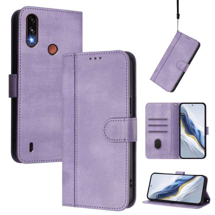 For Motorola Moto E7 Power 2021 Line Splicing Buckle Retro Leather Phone Case(Purple)