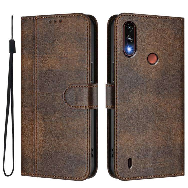 For Motorola Moto E7 Power 2021 Line Splicing Buckle Retro Leather Phone Case(Brown)