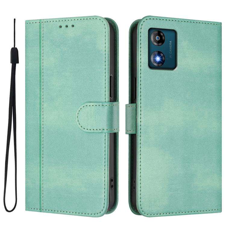 For Motorola Moto E13 2023 4G Line Splicing Buckle Retro Leather Phone Case(Mint)