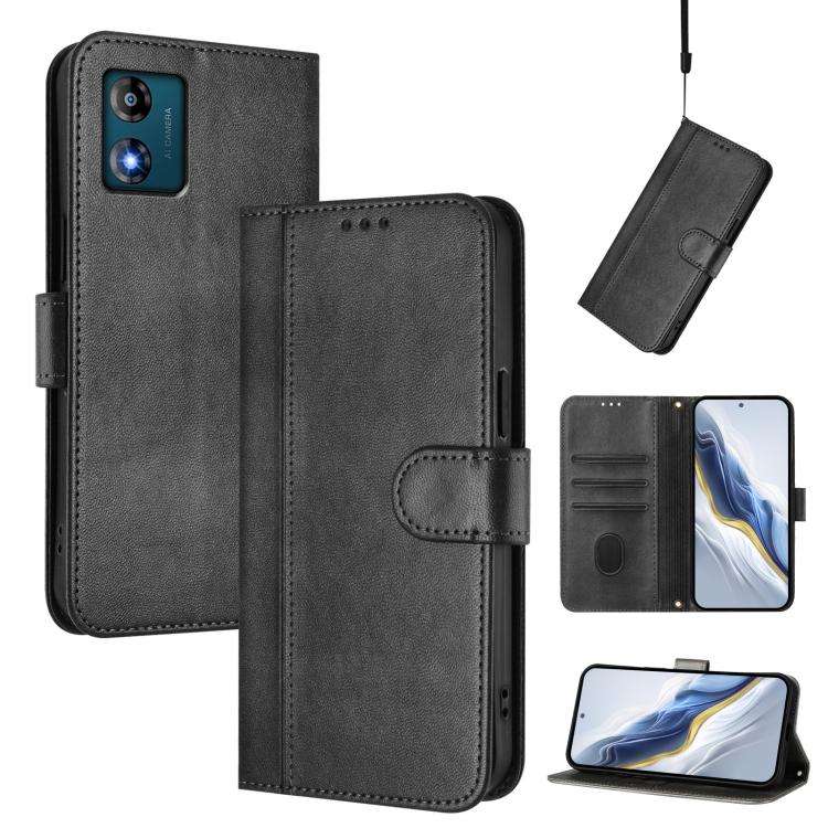 For Motorola Moto E13 2023 4G Line Splicing Buckle Retro Leather Phone Case(Black)