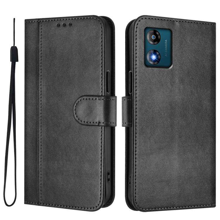 For Motorola Moto E13 2023 4G Line Splicing Buckle Retro Leather Phone Case(Black)