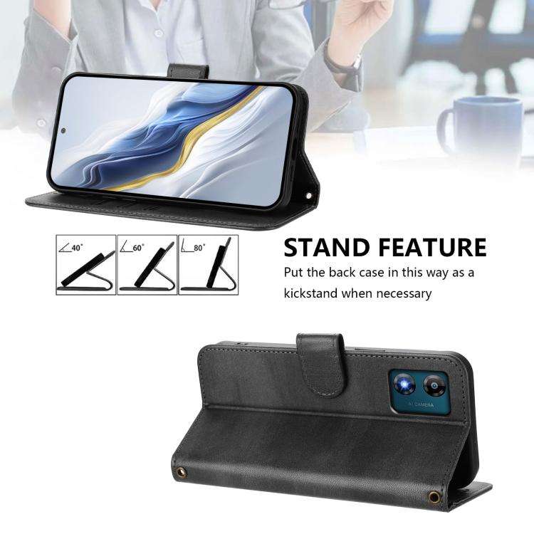 For Motorola Moto E13 2023 4G Line Splicing Buckle Retro Leather Phone Case(Black)