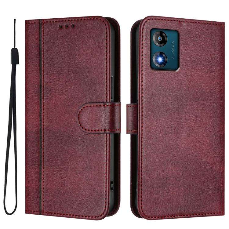 For Motorola Moto E13 2023 4G Line Splicing Buckle Retro Leather Phone Case(Wine Red)