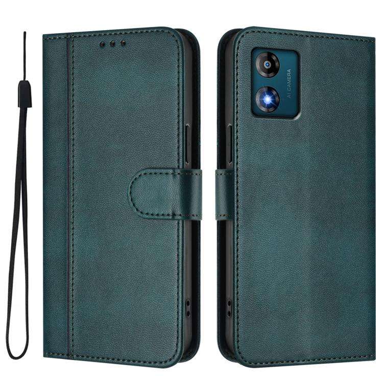 For Motorola Moto E13 2023 4G Line Splicing Buckle Retro Leather Phone Case(Dark Green)