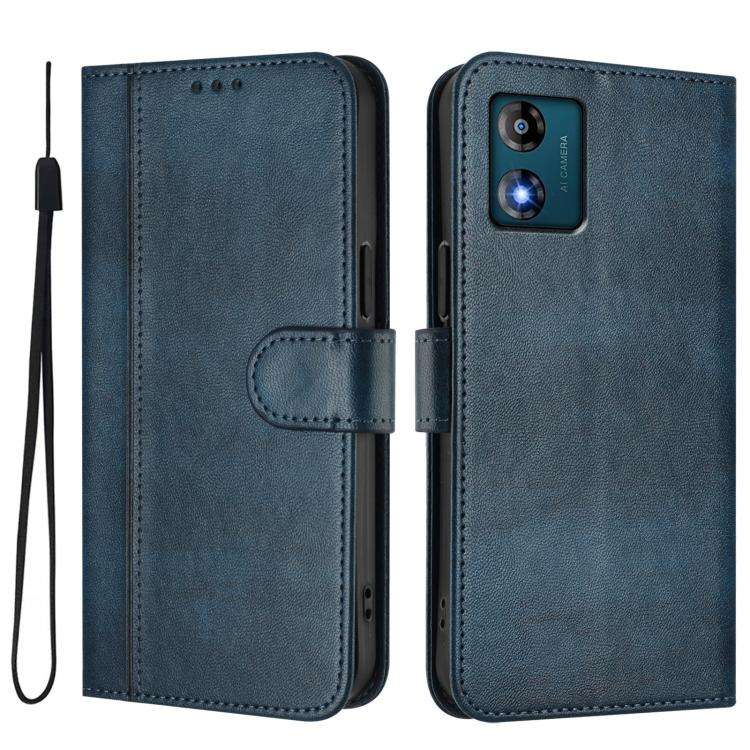 For Motorola Moto E13 2023 4G Line Splicing Buckle Retro Leather Phone Case(Dark Blue)