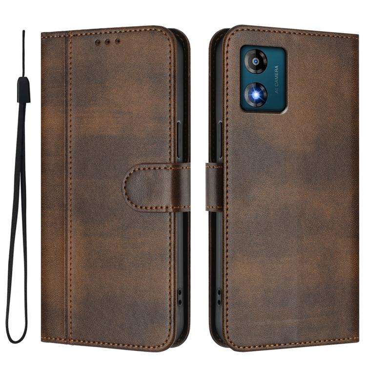 For Motorola Moto E13 2023 4G Line Splicing Buckle Retro Leather Phone Case(Brown)