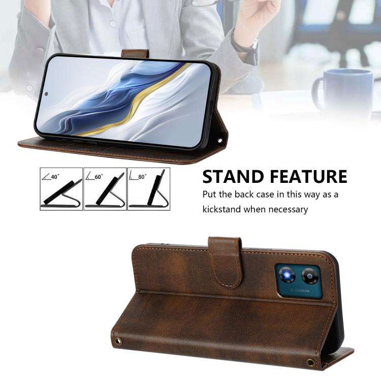 For Motorola Moto E13 2023 4G Line Splicing Buckle Retro Leather Phone Case(Brown)
