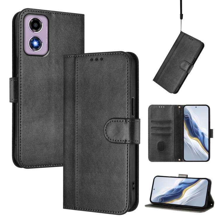 For Motorola Moto E14 4G / G24 4G Line Splicing Buckle Retro Leather Phone Case(Black)