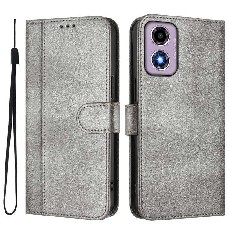 For Motorola Moto E14 4G / G24 4G Line Splicing Buckle Retro Leather Phone Case(Grey)
