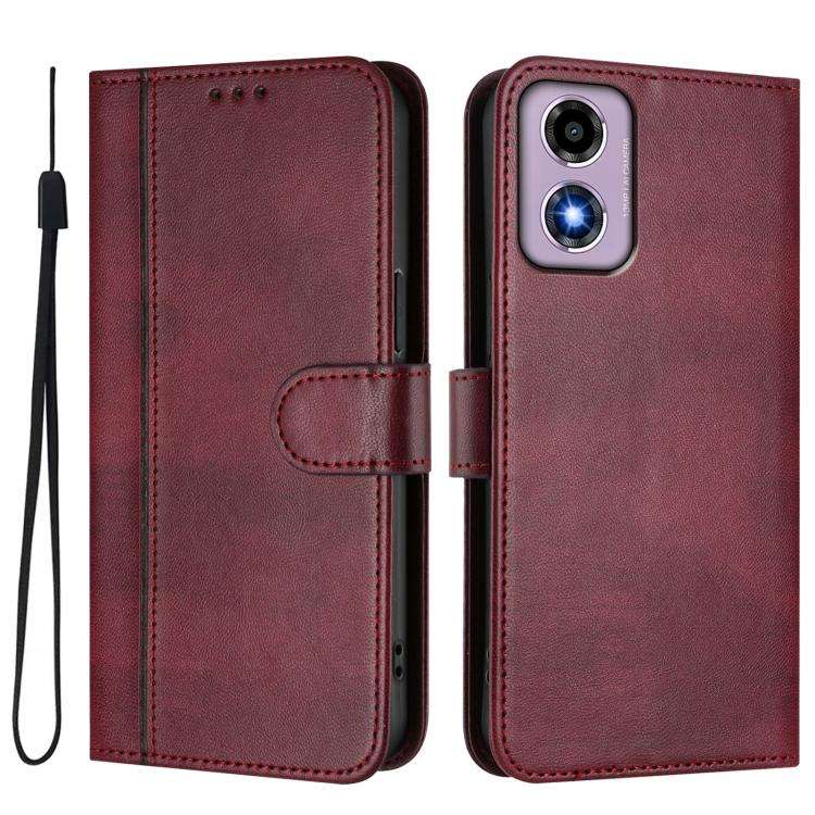 For Motorola Moto E14 4G / G24 4G Line Splicing Buckle Retro Leather Phone Case(Wine Red)