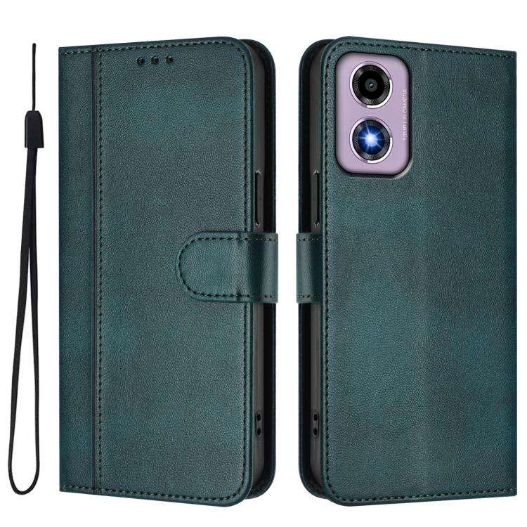 For Motorola Moto E14 4G / G24 4G Line Splicing Buckle Retro Leather Phone Case(Dark Green)