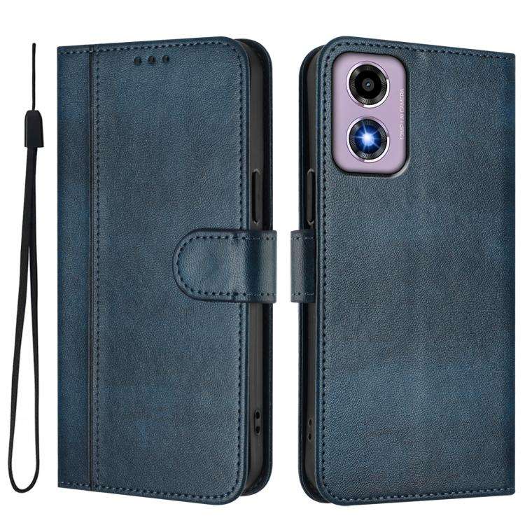 For Motorola Moto E14 4G / G24 4G Line Splicing Buckle Retro Leather Phone Case(Dark Blue)