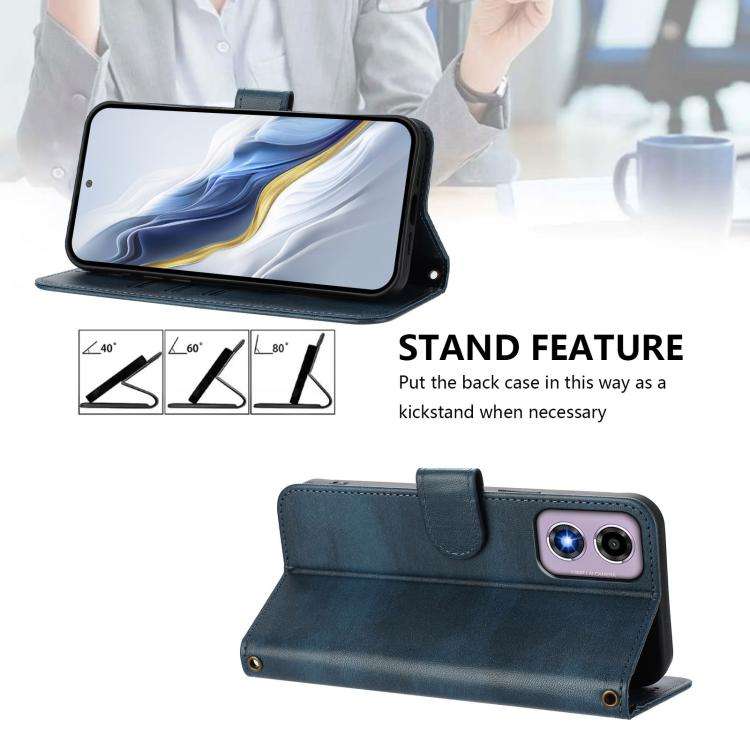 For Motorola Moto E14 4G / G24 4G Line Splicing Buckle Retro Leather Phone Case(Dark Blue)