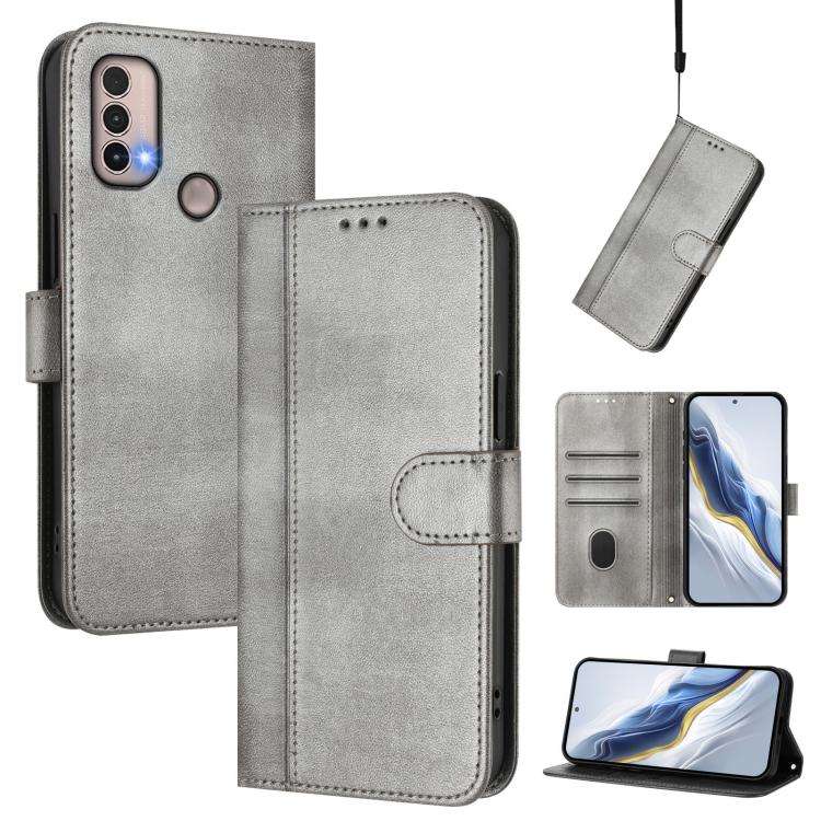 For Motorola Moto E40 / E30 / E20 Line Splicing Buckle Retro Leather Phone Case(Grey)
