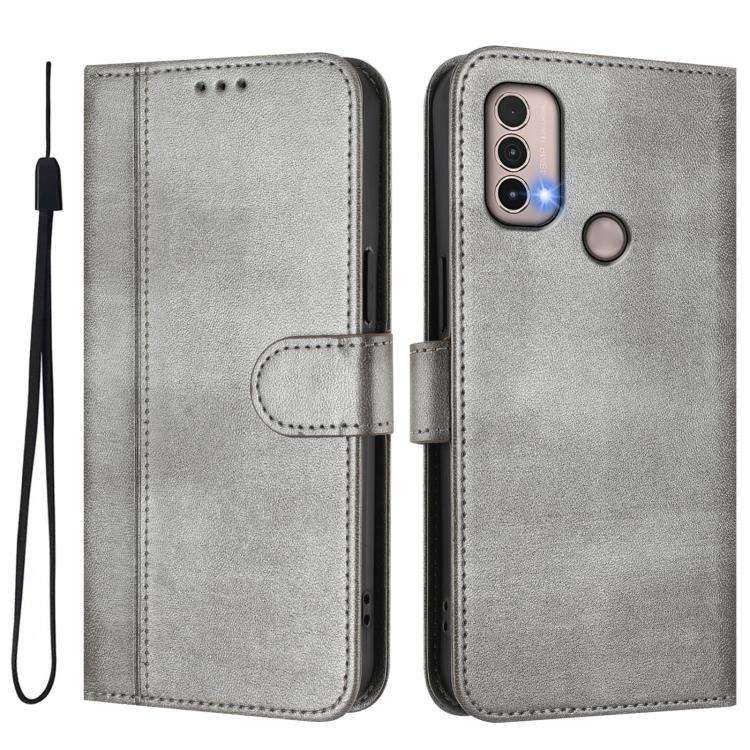 For Motorola Moto E40 / E30 / E20 Line Splicing Buckle Retro Leather Phone Case(Grey)