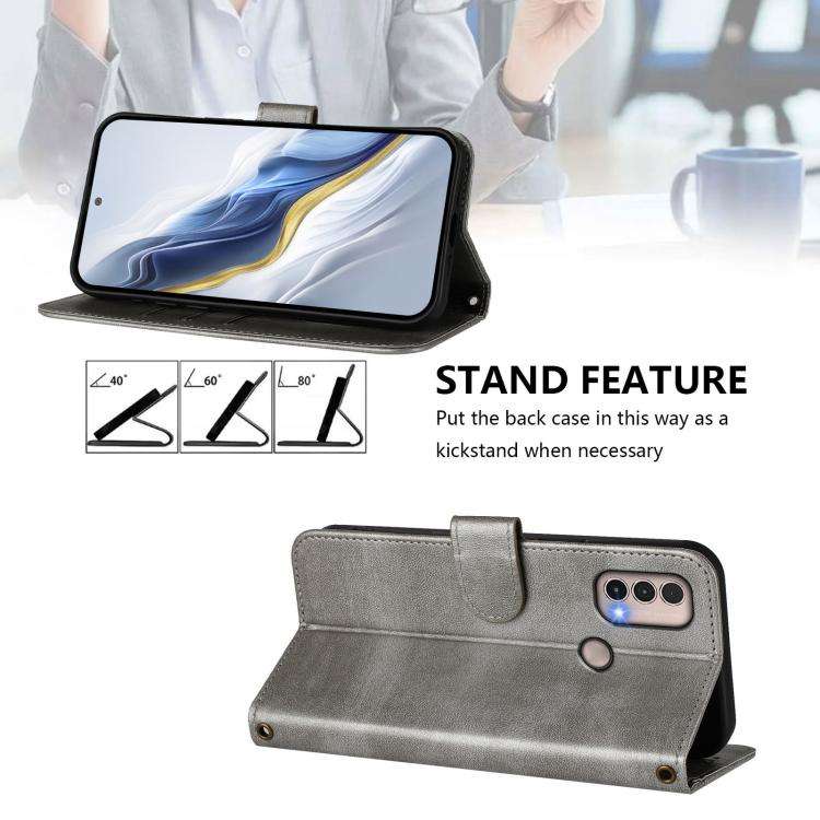 For Motorola Moto E40 / E30 / E20 Line Splicing Buckle Retro Leather Phone Case(Grey)
