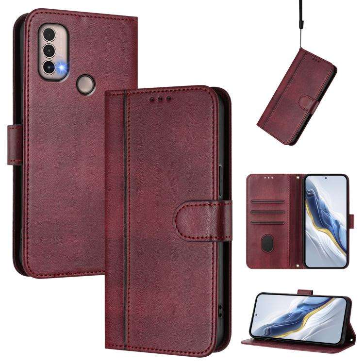 For Motorola Moto E40 / E30 / E20 Line Splicing Buckle Retro Leather Phone Case(Wine Red)