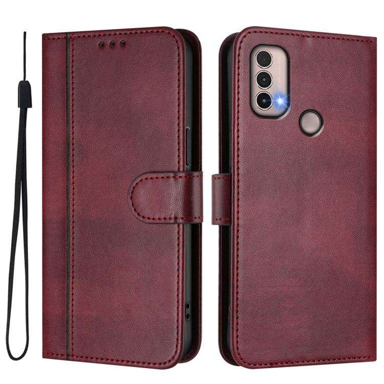 For Motorola Moto E40 / E30 / E20 Line Splicing Buckle Retro Leather Phone Case(Wine Red)