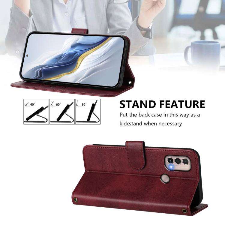 For Motorola Moto E40 / E30 / E20 Line Splicing Buckle Retro Leather Phone Case(Wine Red)
