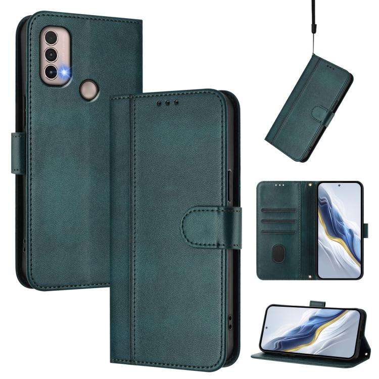 For Motorola Moto E40 / E30 / E20 Line Splicing Buckle Retro Leather Phone Case(Dark Green)