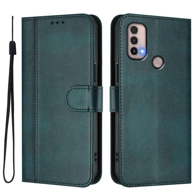 For Motorola Moto E40 / E30 / E20 Line Splicing Buckle Retro Leather Phone Case(Dark Green)