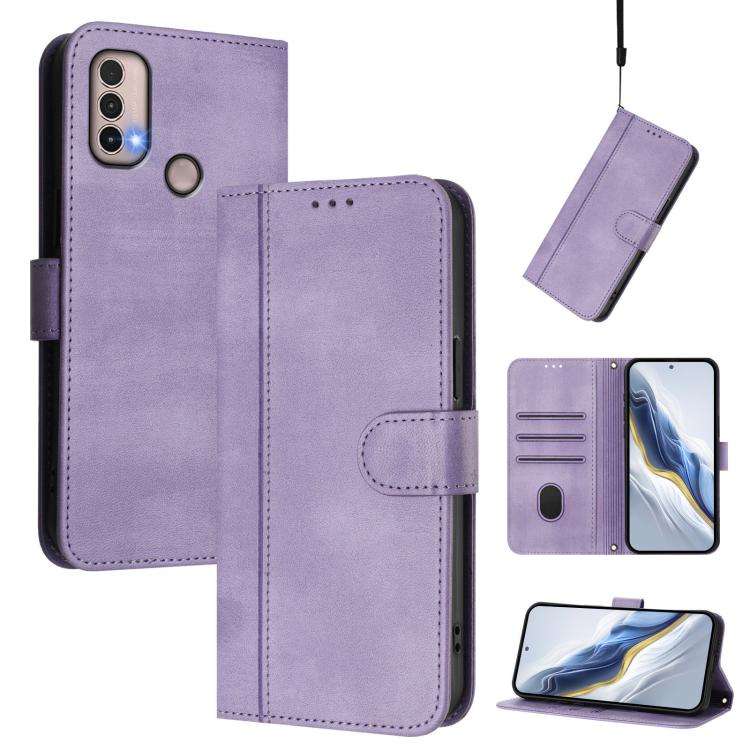 For Motorola Moto E40 / E30 / E20 Line Splicing Buckle Retro Leather Phone Case(Purple)