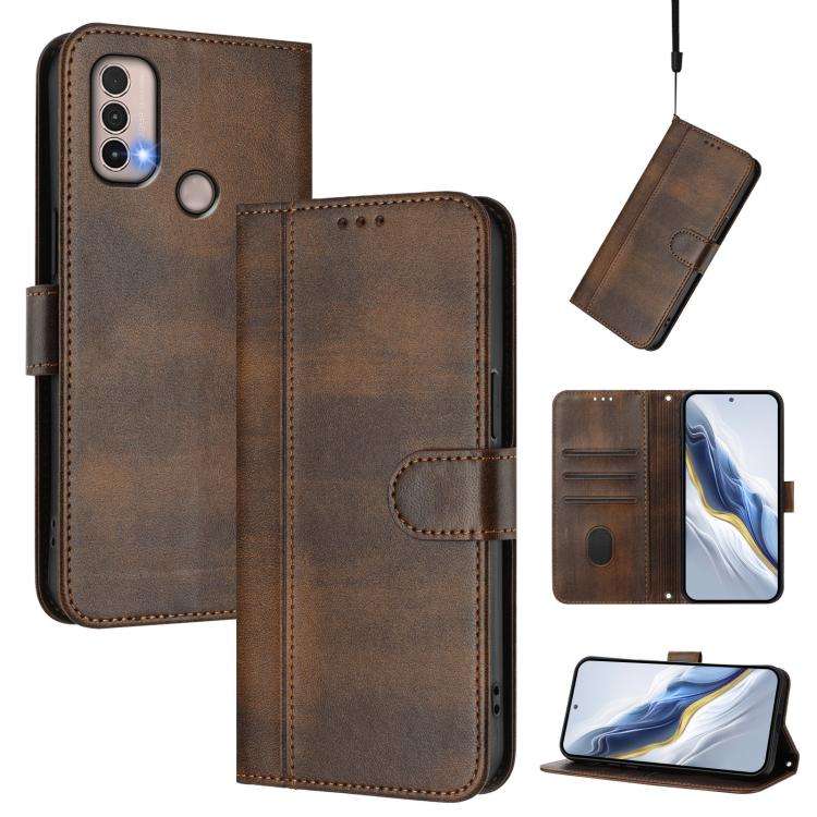 For Motorola Moto E40 / E30 / E20 Line Splicing Buckle Retro Leather Phone Case(Brown)