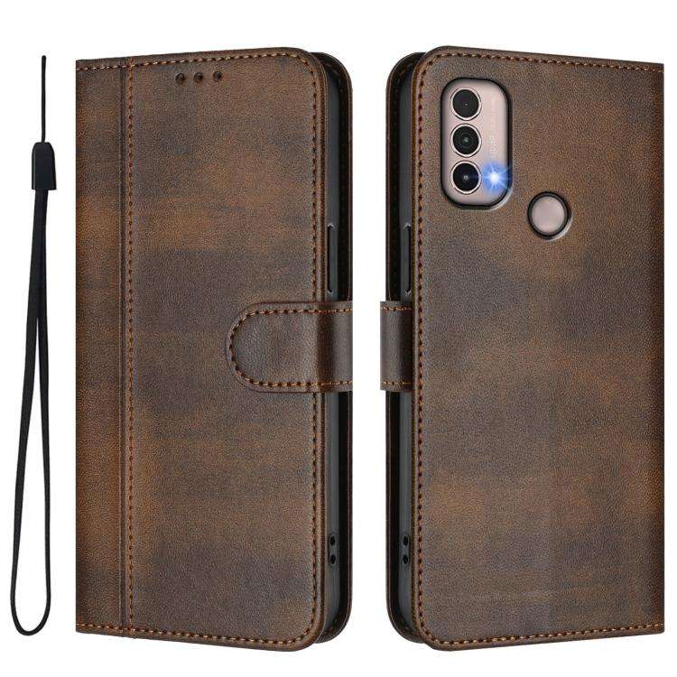 For Motorola Moto E40 / E30 / E20 Line Splicing Buckle Retro Leather Phone Case(Brown)