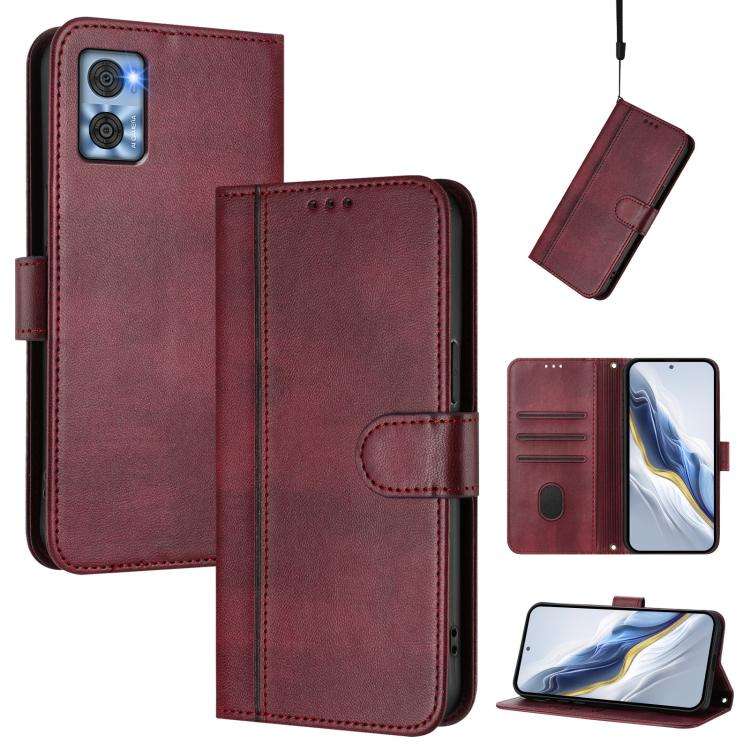 For Motorola Moto E22 4G / E22i 4G Line Splicing Buckle Retro Leather Phone Case(Wine Red)