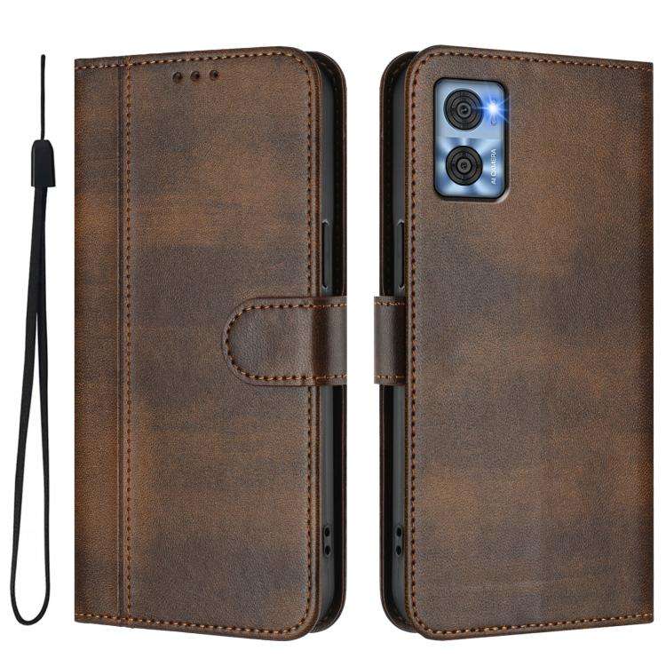 For Motorola Moto E22 4G / E22i 4G Line Splicing Buckle Retro Leather Phone Case(Brown)