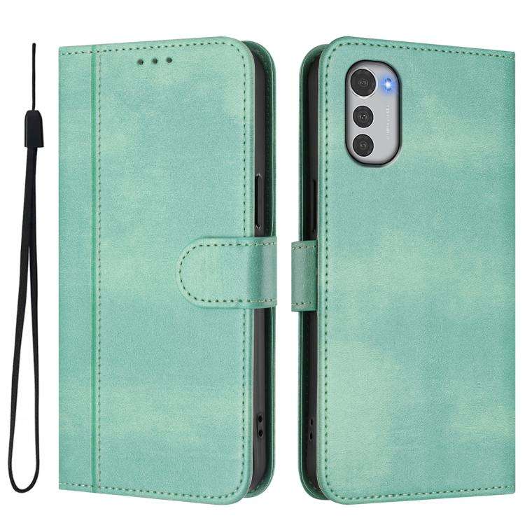 For Motorola Moto E32 4G Global Line Splicing Buckle Retro Leather Phone Case(Mint)