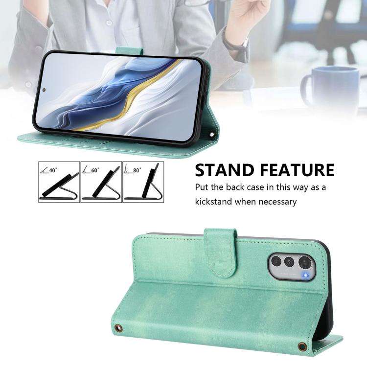 For Motorola Moto E32 4G Global Line Splicing Buckle Retro Leather Phone Case(Mint)
