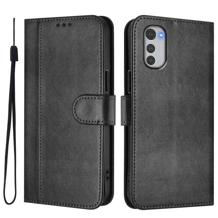 For Motorola Moto E32 4G Global Line Splicing Buckle Retro Leather Phone Case(Black)