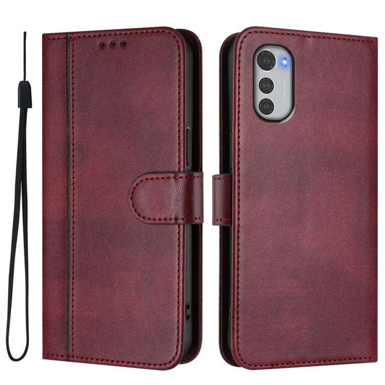 For Motorola Moto E32 4G Global Line Splicing Buckle Retro Leather Phone Case(Wine Red)